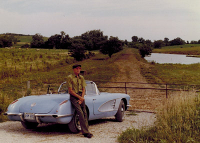Ray Peterson with Corvette on the old railroad Bed looking north from Buxton, IA